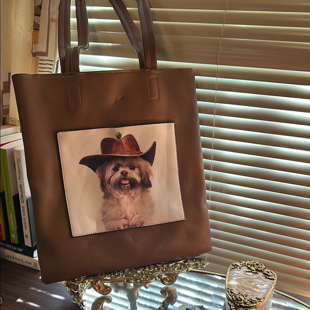 Chic Brown Tote with Cowboy Dog Print
